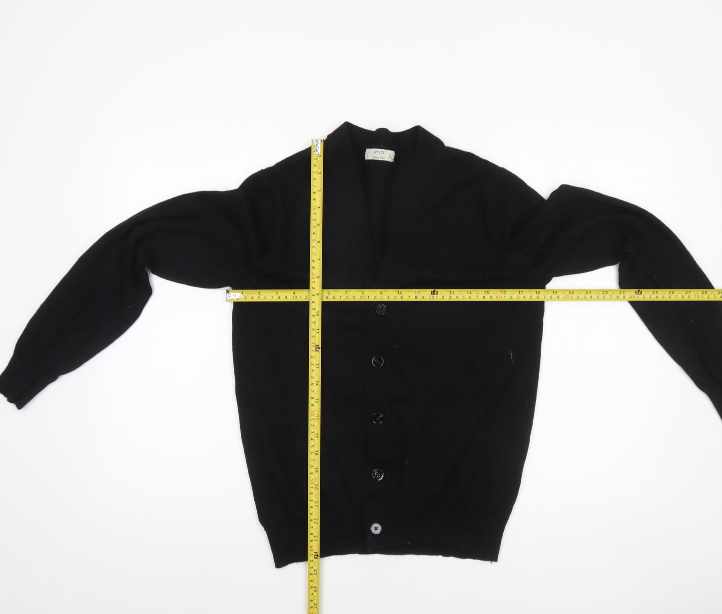 MNG Women’s Black Merino Wool V-Neck Button Cardigan Size 8