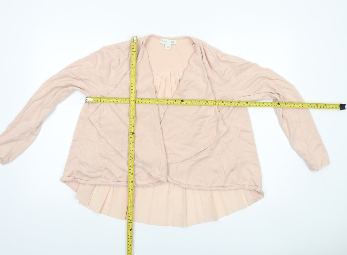 Monsoon Women Beige Size 12 Pleated Back Open Knit Cardigan