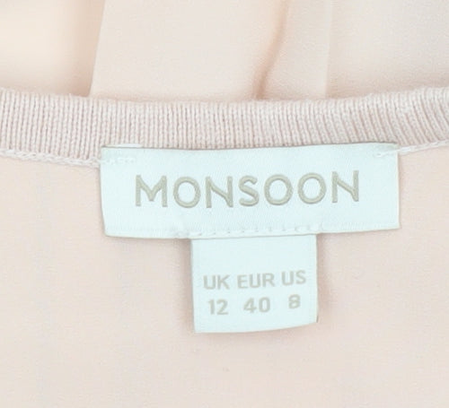 Monsoon Women Beige Size 12 Pleated Back Open Knit Cardigan