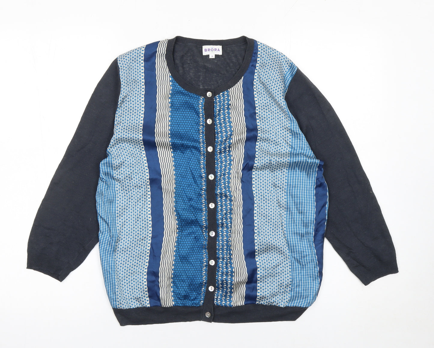 Brora Women's Blue Striped Linen Cotton Silk Cardigan Size 14