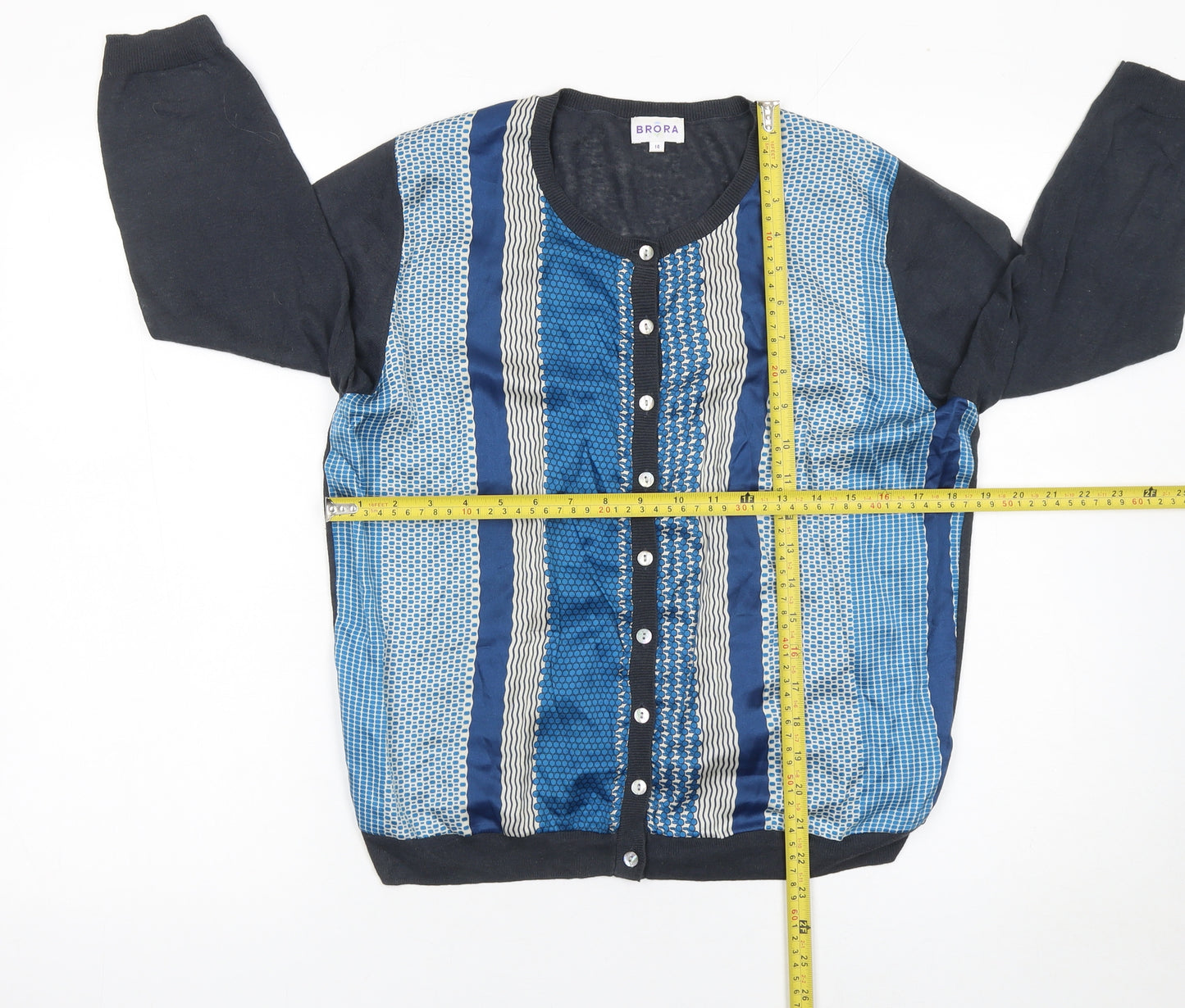 Brora Women's Blue Striped Linen Cotton Silk Cardigan Size 14