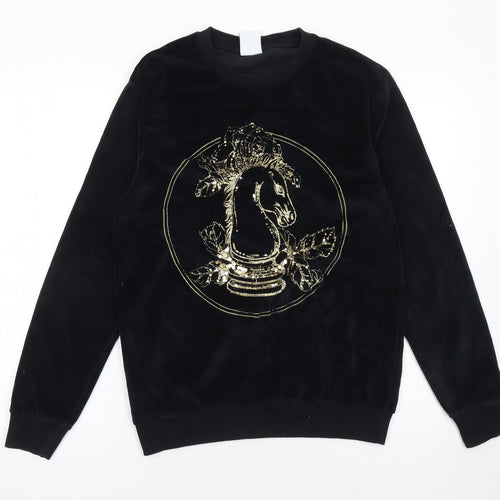 Zara Women's Black Velvet Pullover Sweatshirt with Gold Embellished Horse Design Size S