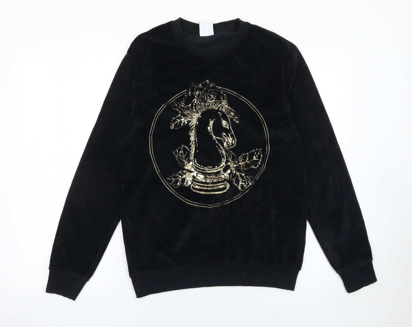 Zara Women's Black Velvet Pullover Sweatshirt with Gold Embellished Horse Design Size S