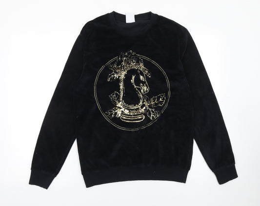Zara Women's Black Velvet Pullover Sweatshirt with Gold Embellished Horse Design Size S