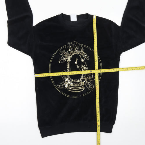 Zara Women's Black Velvet Pullover Sweatshirt with Gold Embellished Horse Design Size S