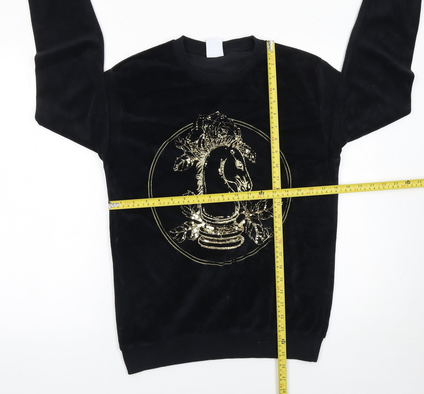 Zara Women's Black Velvet Pullover Sweatshirt with Gold Embellished Horse Design Size S