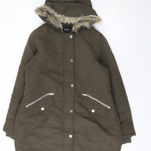B.YOU Women’s Green Faux Fur Trim Long Parka Coat Size 12