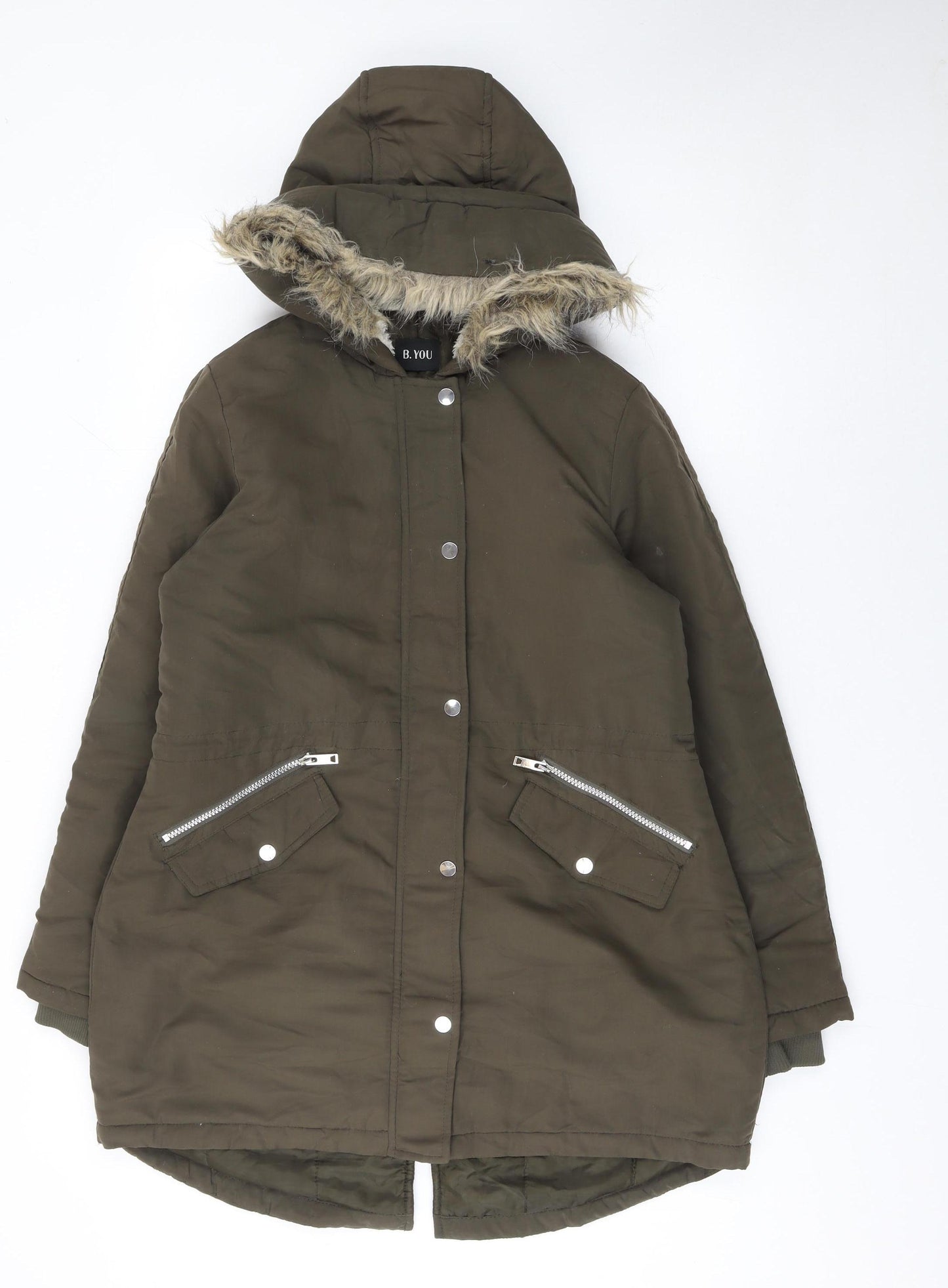 B.YOU Women’s Green Faux Fur Trim Long Parka Coat Size 12