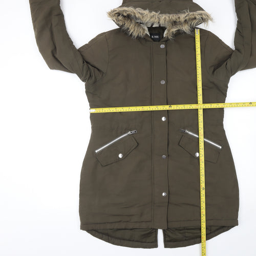 B.YOU Women’s Green Faux Fur Trim Long Parka Coat Size 12