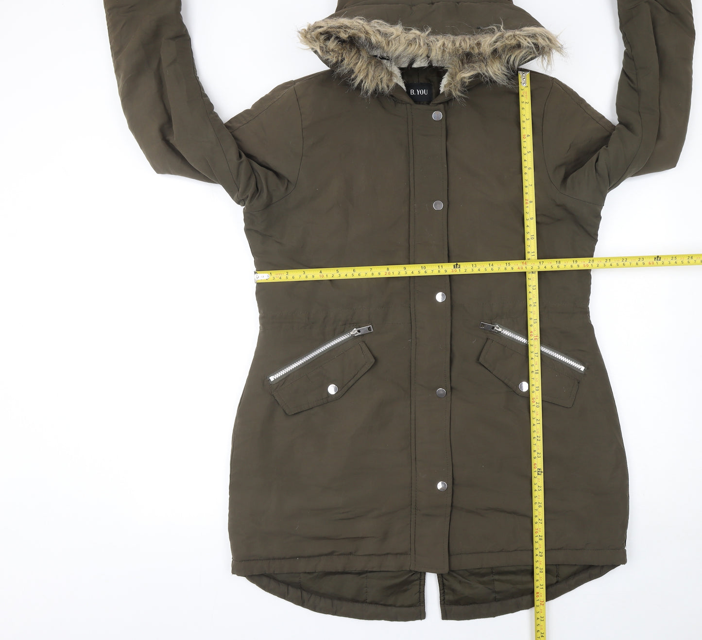 B.YOU Women’s Green Faux Fur Trim Long Parka Coat Size 12