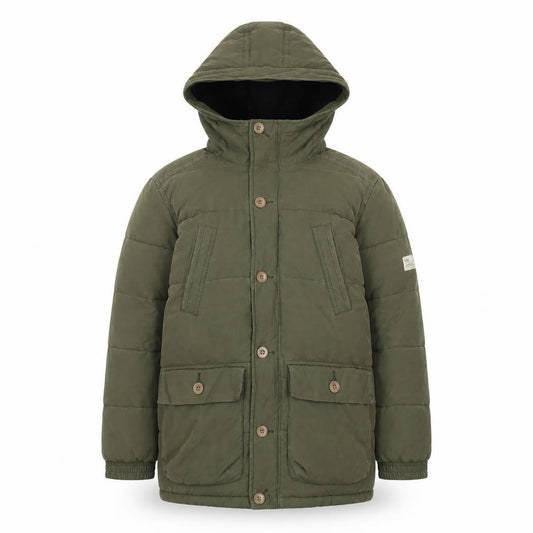 Front view of Gap Kids boys’ green hooded puffer jacket 12-13 years winter coat