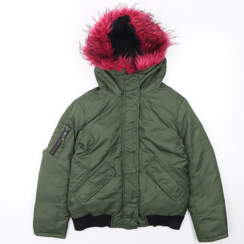 S13 New York Girls Green Hooded Bomber Jacket Faux Fur Trim Size 12 Years