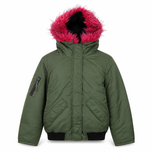 S13 New York Girls Green Hooded Bomber Jacket Faux Fur Trim Size 12 Years