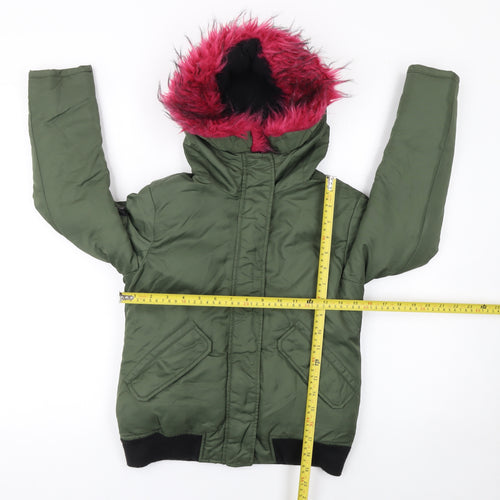 S13 New York Girls Green Hooded Bomber Jacket Faux Fur Trim Size 12 Years