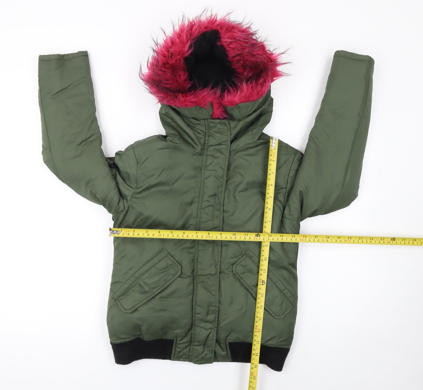 S13 New York Girls Green Hooded Bomber Jacket Faux Fur Trim Size 12 Years