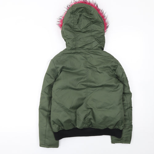 S13 New York Girls Green Hooded Bomber Jacket Faux Fur Trim Size 12 Years