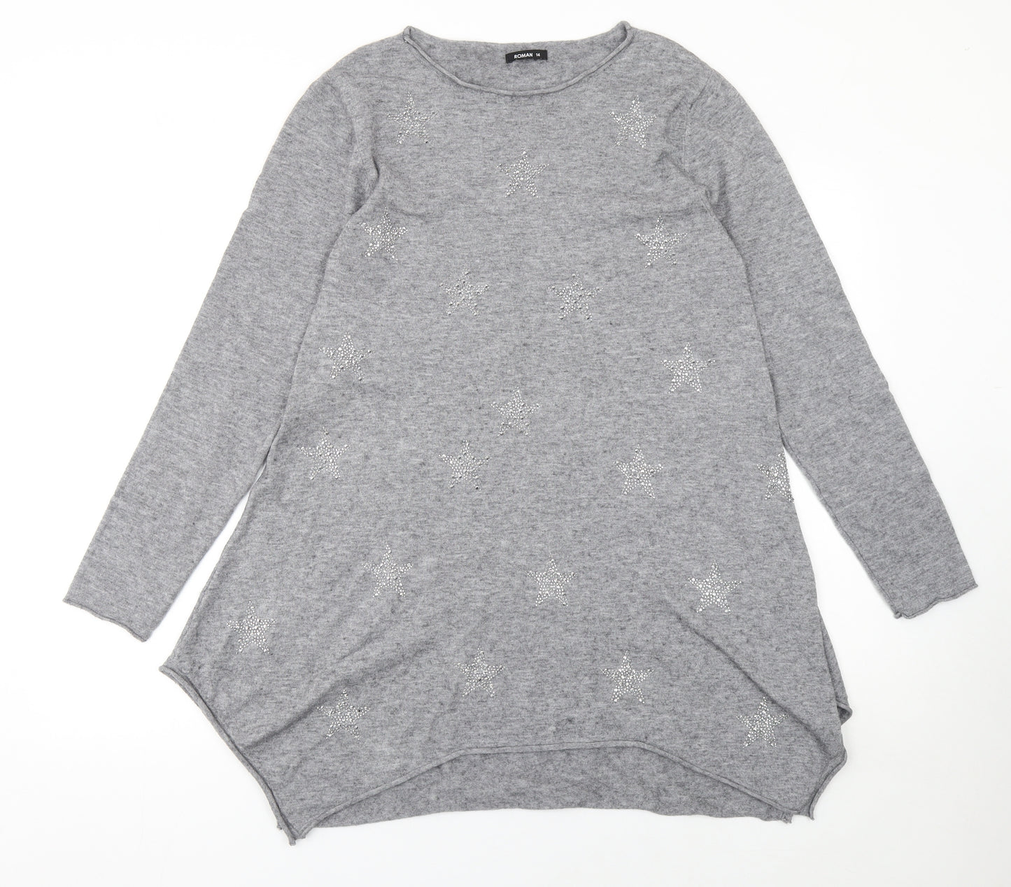 Roman Women Grey Size 14 Rhinestone Star Long Sleeve Pullover Jumper