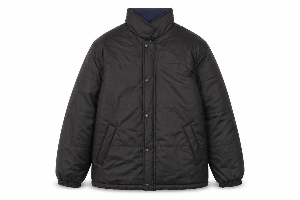 Front view of Melka Men's Black Polyester Winter Puffer Jacket, size 52, Regular