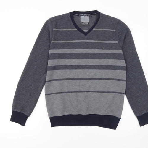 NGR Men's Grey Striped V-Neck Pullover Jumper Size M