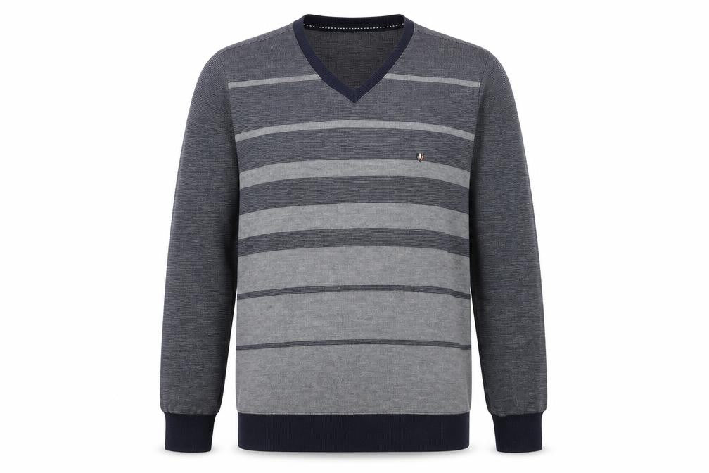 Front view of NGR Men's Grey Striped V-Neck jumper, size M