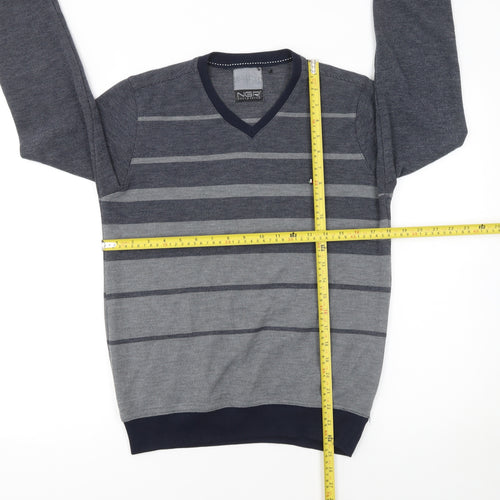 NGR Men's Grey Striped V-Neck Pullover Jumper Size M