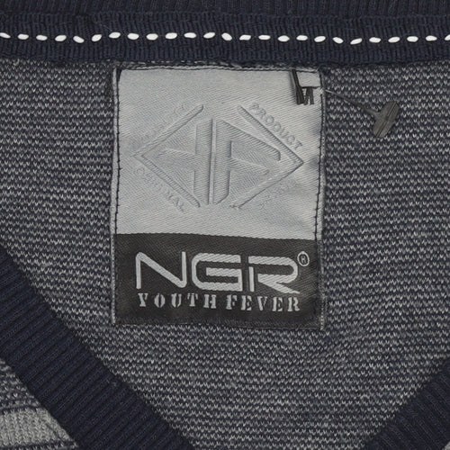NGR Men's Grey Striped V-Neck Pullover Jumper Size M