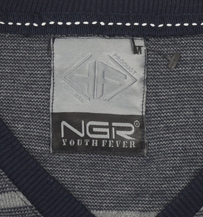 NGR Men's Grey Striped V-Neck Pullover Jumper Size M