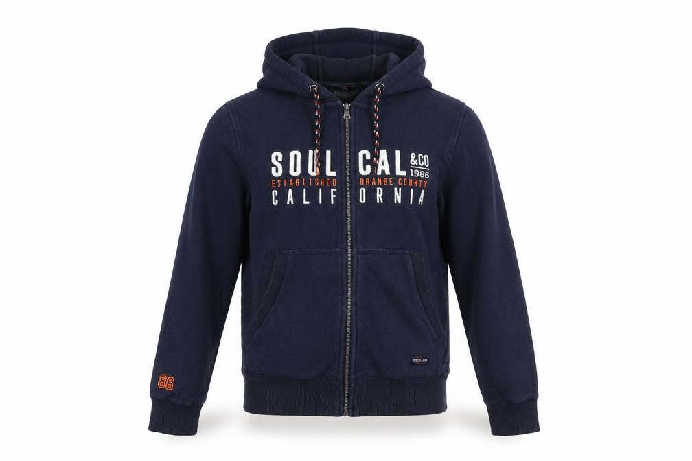 Front view of SoulCal Men's Blue Hooded Full Zip Jacket, size S