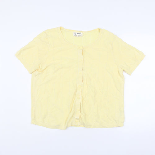 FatFace Women Yellow Button-Up Knit Top Size 18 Short Sleeve
