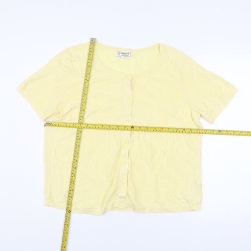 FatFace Women Yellow Button-Up Knit Top Size 18 Short Sleeve