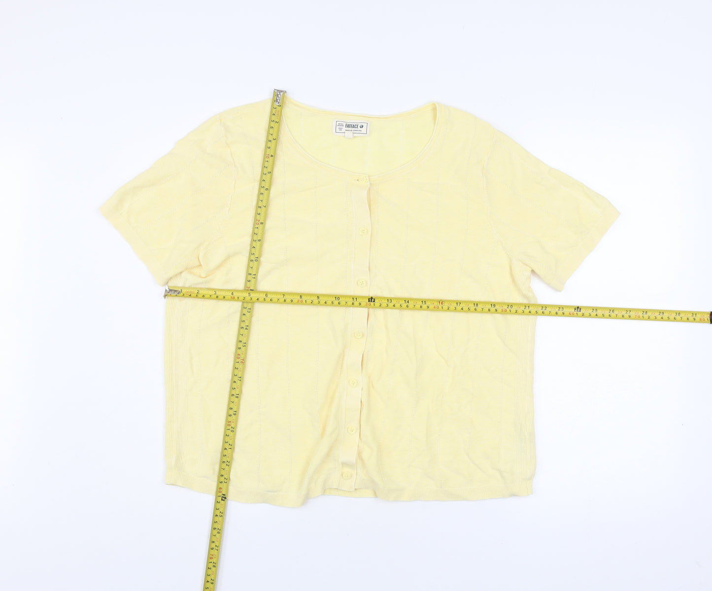 FatFace Women Yellow Button-Up Knit Top Size 18 Short Sleeve