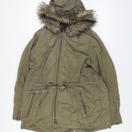 Gap Women’s Green Fur Trim Parka Coat L Hooded Cotton Winter Jacket