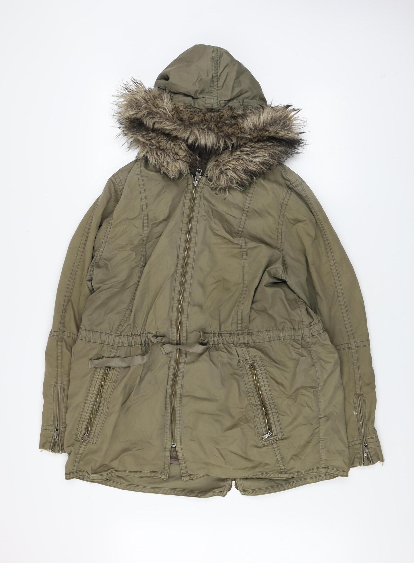 Gap Women’s Green Fur Trim Parka Coat L Hooded Cotton Winter Jacket