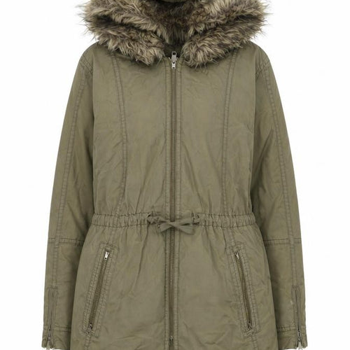Gap Women’s Green Fur Trim Parka Coat L Hooded Cotton Winter Jacket