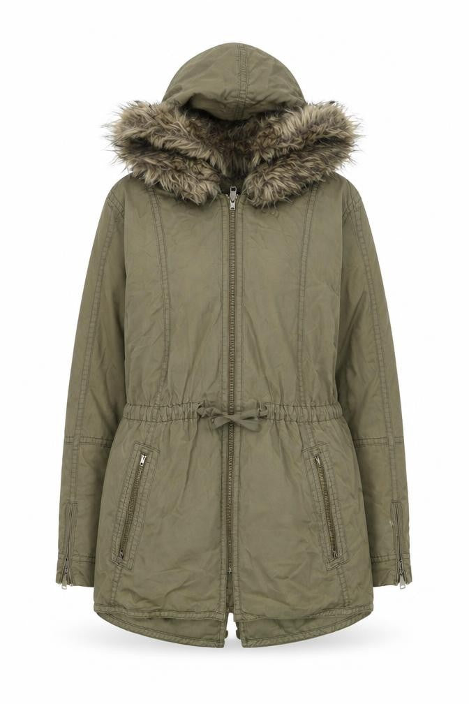 Gap Women’s Green Fur Trim Parka Coat L Hooded Cotton Winter Jacket