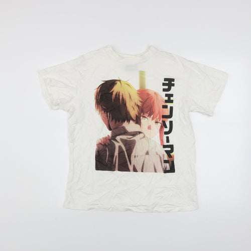 Bershka Men’s White Chainsaw Man Anime Graphic T-Shirt XS