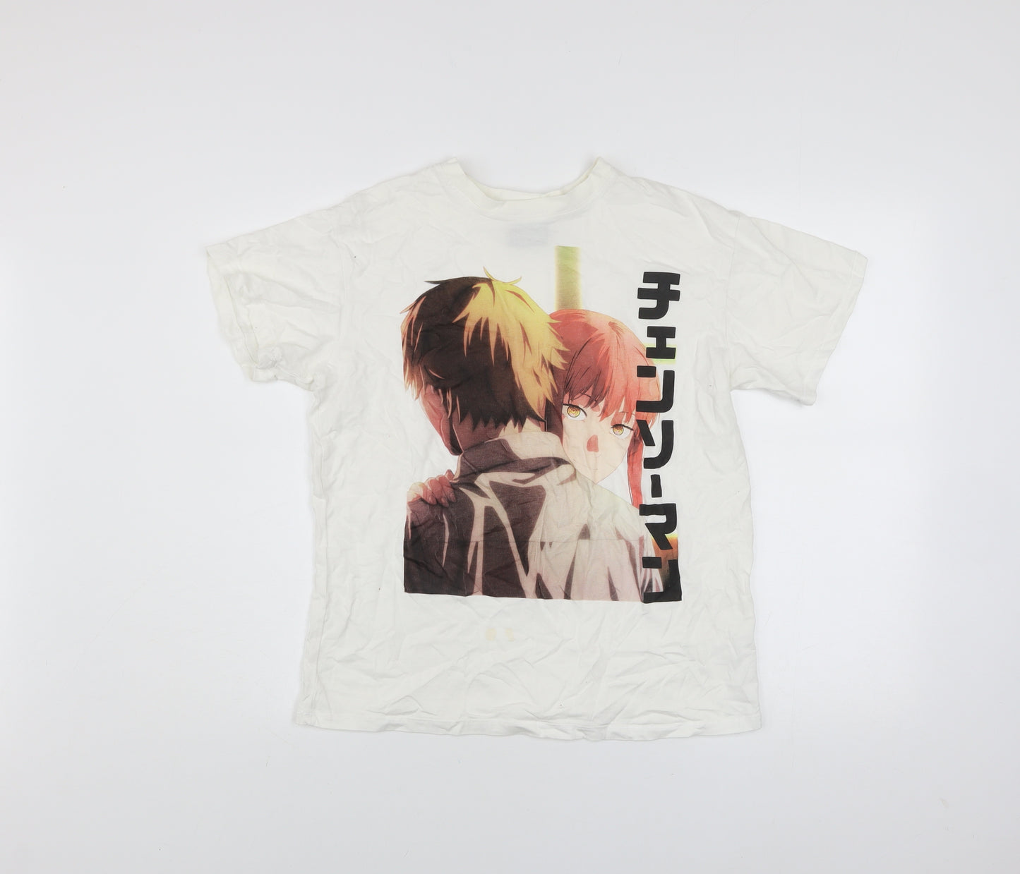 Bershka Men’s White Chainsaw Man Anime Graphic T-Shirt XS