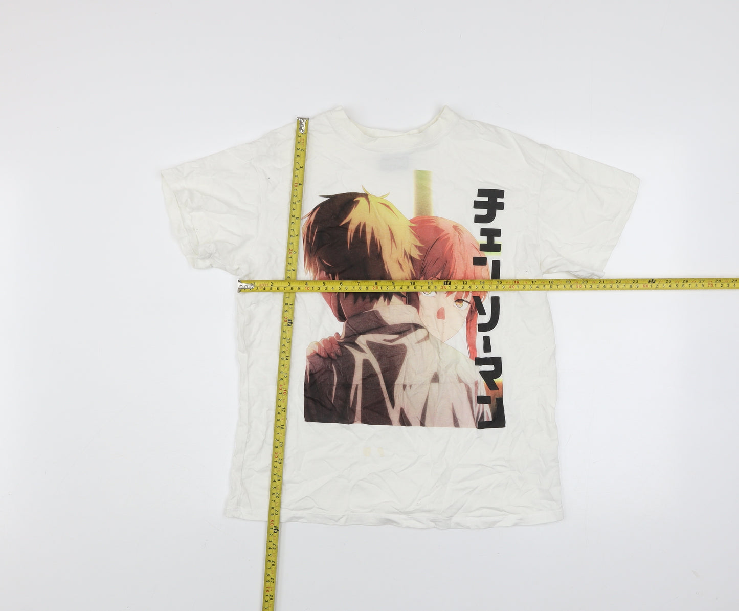 Bershka Men’s White Chainsaw Man Anime Graphic T-Shirt XS