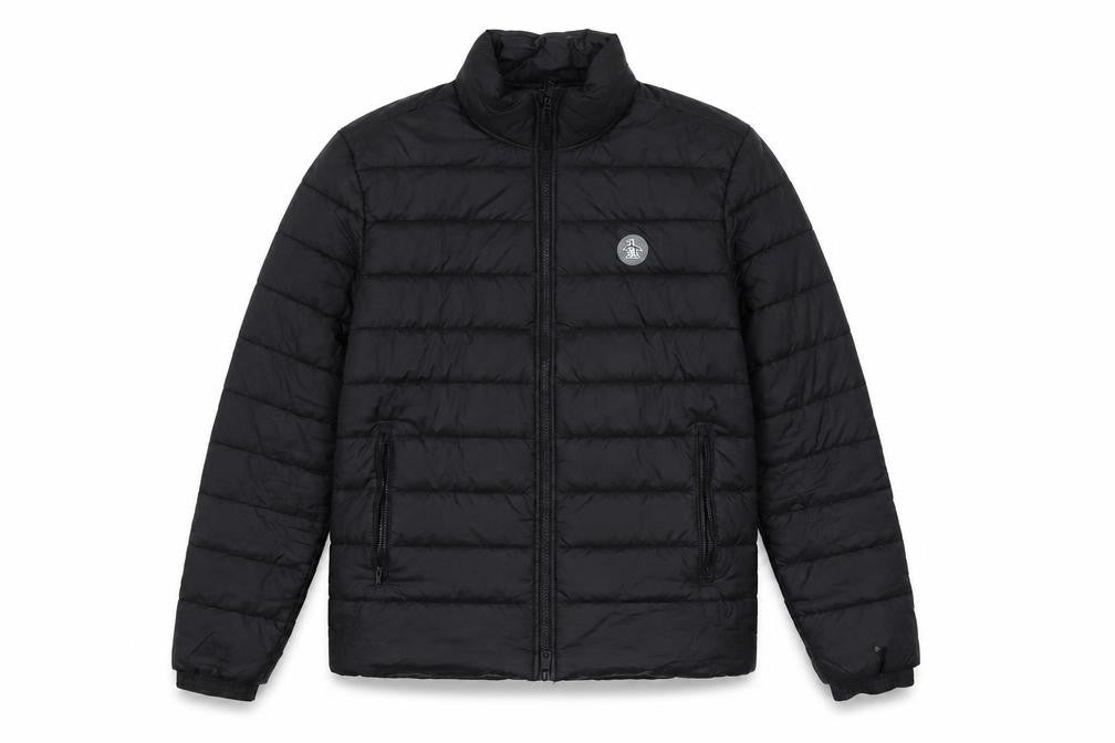 Front view of Original Penguin Men's Black Puffer Jacket M Full Zip Winter Coat