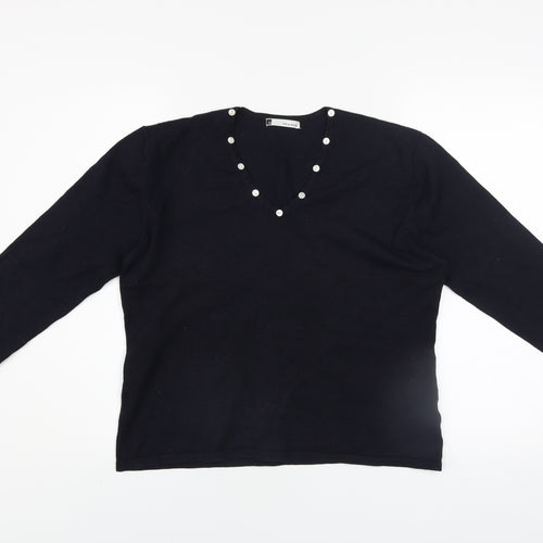 Viz-A-Viz Women Black Size 16 V-Neck Long Sleeve Jumper with Button Accents