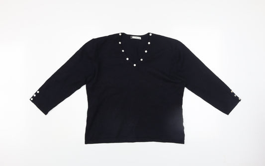 Viz-A-Viz Women Black Size 16 V-Neck Long Sleeve Jumper with Button Accents
