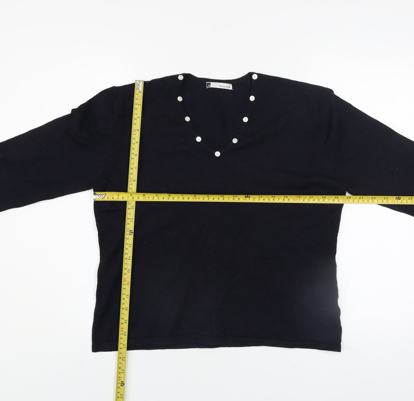Viz-A-Viz Women Black Size 16 V-Neck Long Sleeve Jumper with Button Accents