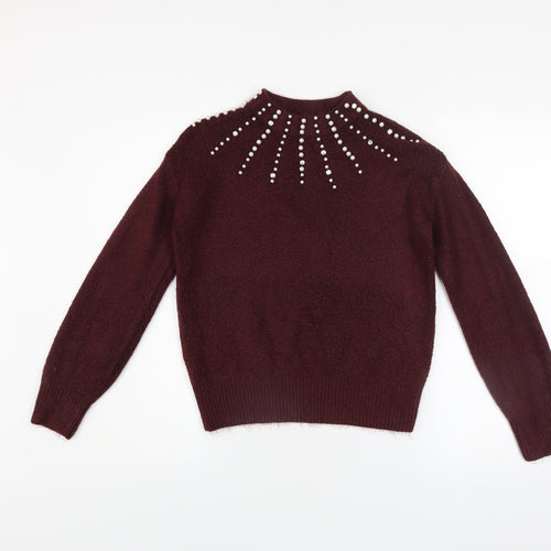 Tu Women’s Red Studded Mock Neck Chunky Knit Jumper Size 8