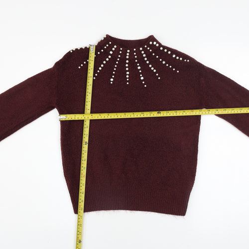 Tu Women’s Red Studded Mock Neck Chunky Knit Jumper Size 8