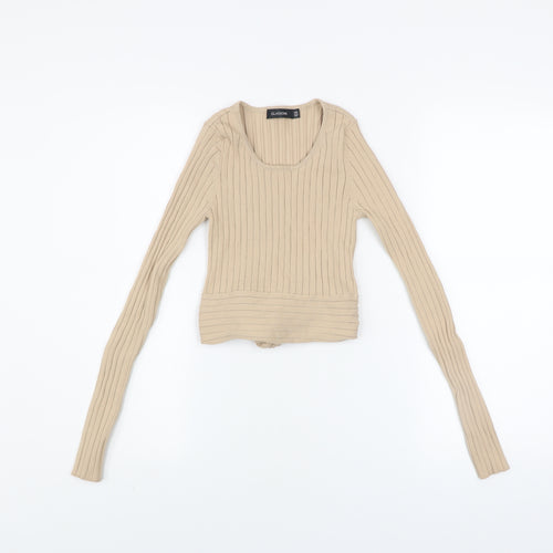 Glassons Women’s Beige Ribbed Knit Long Sleeve Cropped Tie Blouse XS