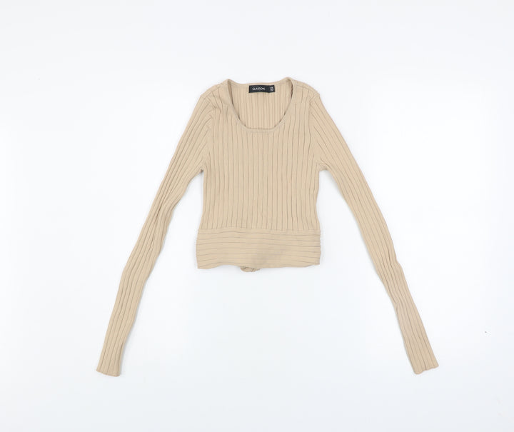 Glassons Women’s Beige Ribbed Knit Long Sleeve Cropped Tie Blouse XS