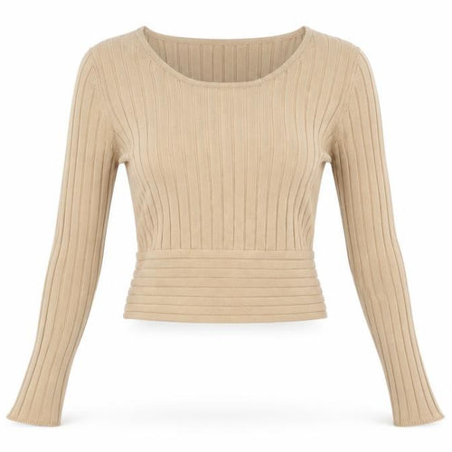 Glassons Women’s Beige Ribbed Knit Long Sleeve Cropped Tie Blouse XS