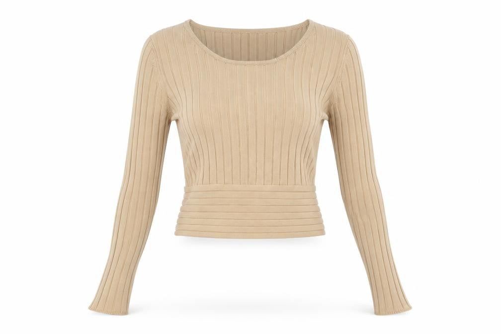 Glassons Women’s Beige Ribbed Knit Long Sleeve Cropped Tie Blouse XS