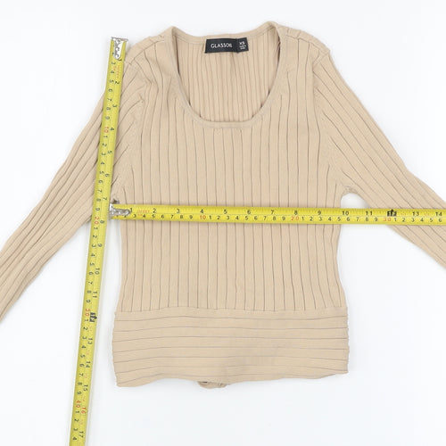 Glassons Women’s Beige Ribbed Knit Long Sleeve Cropped Tie Blouse XS