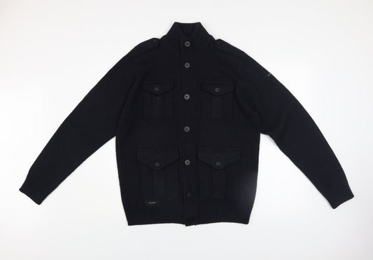 Dissident Men’s Black L Cardigan Jumper High Neck Chunky Knit Wool Blend